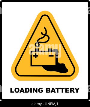 Warnung Batterieladung Zeichen in gelben Dreieck isoliert auf weiss mit Ausrufezeichen Gefahr Banner und Textlinks Akkus geladen. Gefahr von Stock Vektor
