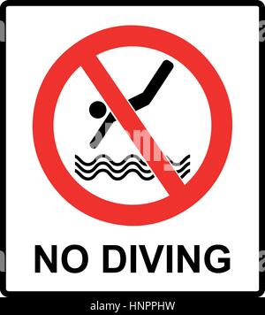 Kein Tauchen Zeichen. Vektor-Verbot-Symbol isoliert auf weiss im roten Kreis zum öffentlichen schwimmen Orte wie Strände, Pool. Stock Vektor