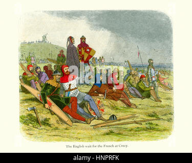 Englische Soldaten warten die Franzosen bei Crécy. Die Schlacht von Crécy fand am 26 August 1346 in der Nähe von Crécy in Nordfrankreich und war einer der am meisten Stockfoto