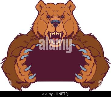 Cartoon Vector Clip Kunst Abbildung Vorlage für ein Braunbär Maskottchen halten oder greifen Leerraum zwischen den Klauen hält. Vektor-Layern sind für e eingerichtet Stock Vektor