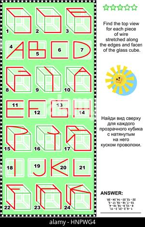 Visual math Puzzle: Hier finden Sie die Ansicht von oben für jedes Stück Draht entlang der Kanten und Flächen der Glaskuben gestreckt. Antwort enthalten. Stock Vektor