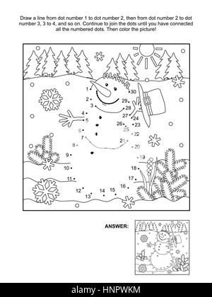 Winter, Silvester oder Weihnachten unter dem Motto verbinden die Punkte Bilderrätsel und Malvorlagen - Schneemann. Antwort enthalten. Stock Vektor