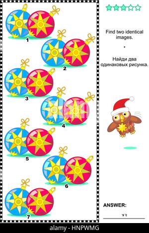 Weihnachten oder Neujahr visuelle Puzzle: Hier finden Sie zwei identische Bilder von christbaumkugeln. Antwort enthalten. Stock Vektor