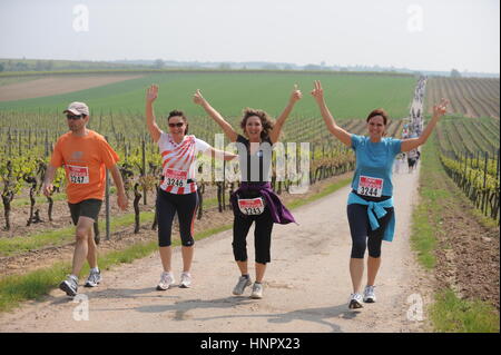 Geisenheim, Deutschland - 3. Mai 2009 - Wanderer Teilnahme an einen Wein Spaziergang vorbei an Reben in Rheingau Deutschland Stockfoto