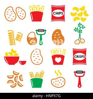 Kartoffel, Pommes frites, Chips, Chips-Vektor-Icons set Stock Vektor