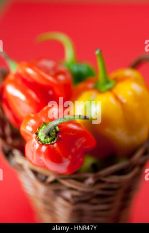 Kleiner Korb gefüllt mit Mini-Peperoni Stockfoto