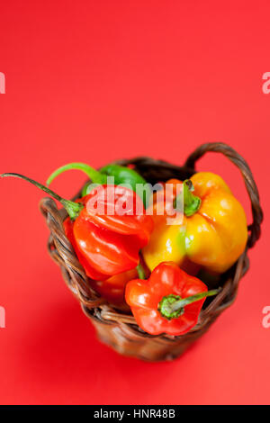 Kleiner Korb gefüllt mit Mini-Peperoni Stockfoto