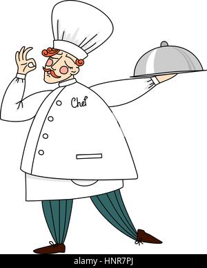Niedliche Koch hält ein Tablett mit köstlichen Gerichten. Isoliert auf weiss. Stock Vektor