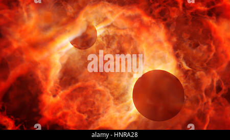 zwei Planeten in eine schöne lebendige Nebel - Raum-Szene in den Farben rot und orange Stockfoto
