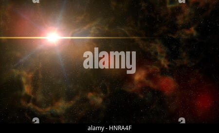 Raum-Szene: helle schöne Sterne leuchten im Deep Space mit bunten Nebel und intensive Lens-Flare-Effekt Stockfoto