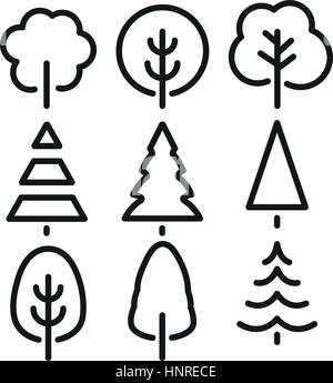 Schwarze und weiße Farbe Bäume in Lineart Formatvorlagensatz, Wald, Park und Garten flach Schilder Sammlung isoliert. Stock Vektor