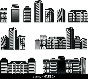 Schwarze und weiße Farbe Wolkenkratzer und niedrige Leibhöhe Häuser in Lineart Stil Symbolsammlung, Stadtbild von architektonischen Gebäuden Vektor-Illustrationen-Set isoliert. Stock Vektor