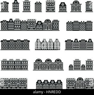 Isoliert und Schwarz Farbe Low-Rise städtische Häuser in Lineart Stil-Ikonen-Sammlung, Elemente der städtischen architektonische Gebäude-Vektor-Illustrationen-Set. Stock Vektor