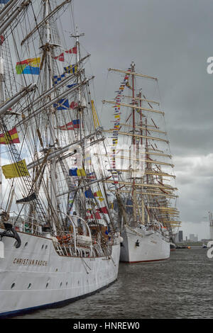 Voll getakelt Segelschiffe vor Anker im Hafen von Delfzijl während der Parade der großen Schiffe Delfsail in den Niederlanden im Juli 2016 Stockfoto