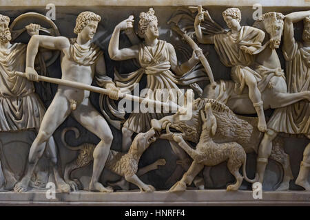 Rom. Italien. Römischer Sarkophag den Mythos des Meleager und die Jagd nach dem Calydonian Eber, 3. Jahrhundert n. Chr. darstellt. Capitoline Museum. Musei Capitolin Stockfoto