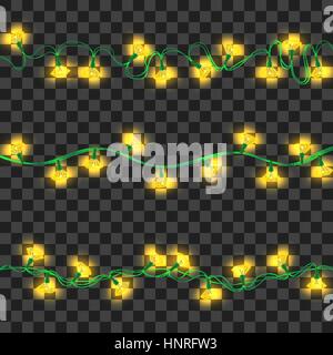 Satz von gelb leuchtende Girlande Lichter mit Halterungen auf transparenten Hintergrund isoliert. Weihnachten, Silvester Party Dekoration realistische Design-Elemente. Stock Vektor