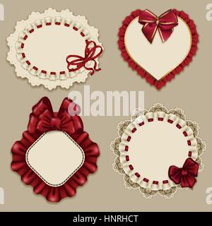 Reihe von eleganten Vorlagen verzierten Rahmen für Design Luxus Einladung, Geschenk, Grußkarte, Postkarte mit Spitze Ornament, Rüschen, rote Schleifen, Bänder, pla Stock Vektor