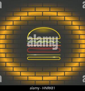 Neon Essen Symbol Vektor Illustration Neon Figur in Form eines Burger auf Ziegel Wand realistischen Stil Stock Vektor