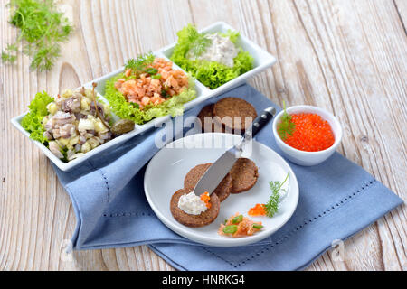 Gemischte eiskalter Snack mit geräuchertem Lachs Tartar, Forellen-Mousse, Kaviar und gesalzener Heringssalat, als Vorspeise mit Pumpernickelbrot serviert Stockfoto