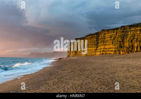 Burton Bradstock, Dorset, UK.  15. Februar 2017.  Großbritannien Wetter.  Die letzte von der Nachmittagssonne beleuchtet die goldenen Klippen am Bienenstock Beach an Burton Bradstock in Dorset bei Sonnenuntergang mit Dusche dunkle Wolken im Westen.  Bildnachweis: Graham Hunt/Alamy Live-Nachrichten Stockfoto