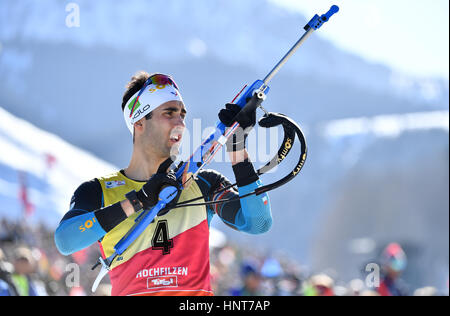 Hochfilzen, Österreich. 16. Februar 2017. Martin Fourcade aus Frankreich in Aktion während der Männer 20km Einzelbewerb während der Biathlon-Weltmeisterschaft in Hochfilzen, Österreich, 16. Februar 2017. Foto: Martin Schutt/Dpa-Zentralbild/Dpa/Alamy Live News Stockfoto