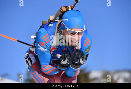 Hochfilzen, Österreich. 16. Februar 2017. Alexander Loginov aus Russland in Aktion während der Männer 20km Einzelbewerb während der Biathlon-Weltmeisterschaft in Hochfilzen, Österreich, 16. Februar 2017. Foto: Martin Schutt/Dpa-Zentralbild/Dpa/Alamy Live News Stockfoto