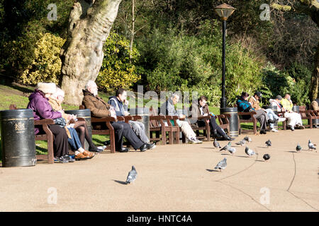 Menschen entspannen in der Sonne am Embankment Gardens in London, Vereinigtes Königreich. Stockfoto
