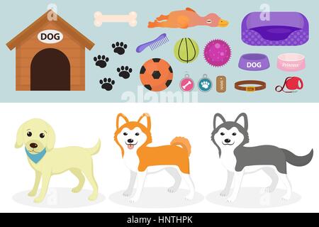 Hunde Sachen Symbol set mit Zubehör für Haustiere, flachen Stil, isoliert auf weißem Hintergrund. Haustiere-Kollektion mit einem Husky, Akita Inu, Lablador. Welpen Spielzeug. Vektor-Illustration, ClipArt-Grafiken. Stock Vektor