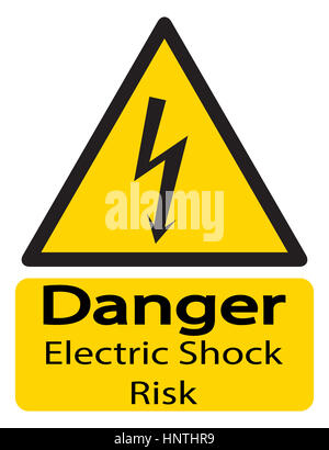Eine dreieckige gelbe Schock Warnschild mit Text isoliert auf weißem Hintergrund Stockfoto