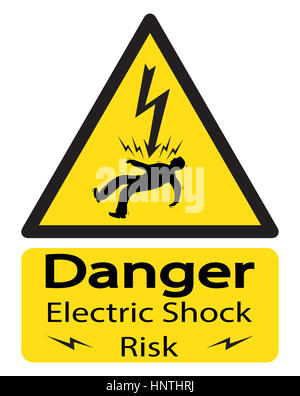Ein Warnsignal dreieckigen gelben Schock mit einem Stromschlag Mann und Text auf einem weißen Hintergrund isoliert Stockfoto