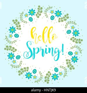 Hallo Frühling Blumenrahmen für Text, isoliert auf weißem Hintergrund. Frühlings-Vorlage für Ihr Design, Karten, Einladungen, Plakate. Vektor-Illustration. Stock Vektor