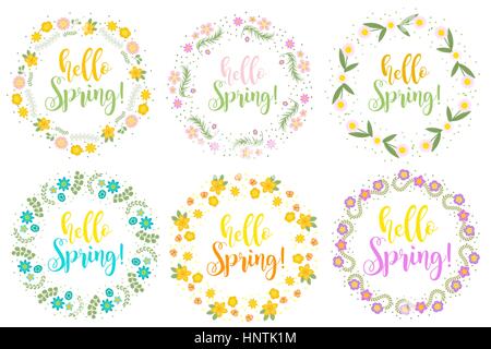 Hallo Frühling Blumen Rahmen für Text, isoliert auf weißem Hintergrund gesetzt. Vektor-Illustration. Stock Vektor