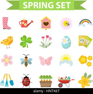 Frühling Icons set, flach Stil. Gartenarbeit cute Sammlung von Design-Elemente, isoliert auf weißem Hintergrund. Natur-ClipArt-Grafiken. Vektor-Illustration. Stock Vektor