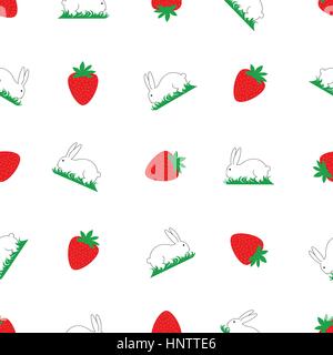 Weißer Hase auf Rasen laufen nach Erdbeeren lustige süße süße Sommer Frühling Design gelb rot grün weiß Stock Vektor