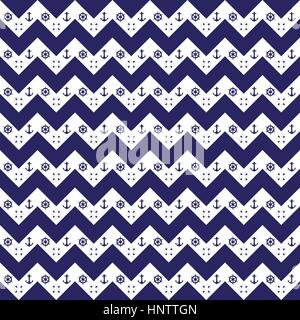 Nautische Chevron Musterdesign Anker Leben Ring Schiff Rad Marineblau und weiß Stock Vektor