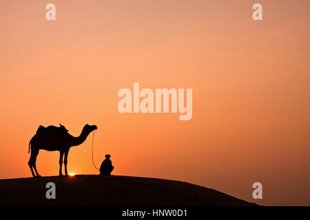 Silhouette eines Kamels und seinem Reiter bei Sonnenuntergang auf einer Sanddüne, Himmel mit orangefarbenen Reflexen, in einer Ecke für minimale Zusammensetzung, Kunstwerk, Tapete Sachen Stockfoto