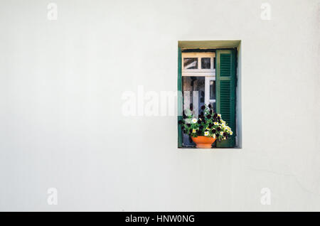 Blick auf das Weiße Haus und das kleine grüne Fenster mit Vorhängen und kleinen Topf mit bunten Blumen. Minimalismus und Freiraum für Hintergrund Stockfoto