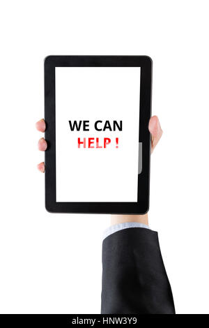 Hand der Geschäftsmann hält digitale Tablet mit Wort, wie wir helfen können isoliert auf weißem Hintergrund mit Beschneidungspfad Stockfoto