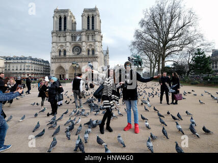 Ein junges Paar für Bilder darstellen, wie sie füttern Tauben vor der Notre Dame Kathedrale in Paris, Frankreich Stockfoto