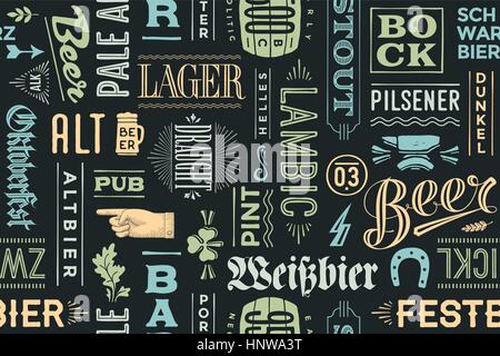 Nahtlose Muster mit Biersorten und handgezeichneten Schriftzug Stock Vektor