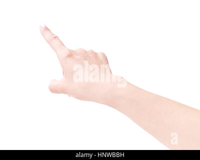 weiblichen Hand mit Zeigefinger zeigen nach oben, isolierten auf weißen Hintergrund. Stockfoto