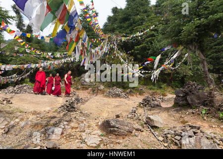 Dharamsala, Indien - 27. September 2014: buddhistische Mönche gehen unter Gebetsfahnen in den Bergen nahe der Stadt McLeod Ganj, Dharamsala, Indien. Stockfoto