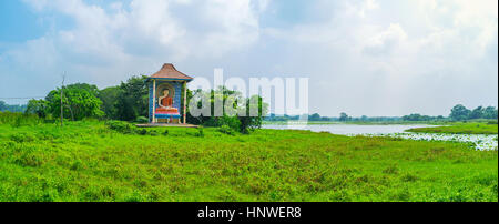 Panorama von den saftigen Feuchtgebieten rund um Kaduhiti See mit dem bunten Schrein von Lord Buddha unter den grünen Bäumen, Madampe, Sri Lanka. Stockfoto