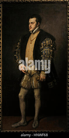 Philipp II. (1527-1598). König von Spanien. Porträt des italienischen Malers Tizian (1489/1490-1576), 1553-1554. Farnese-Sammlung. Nationales Museum von Capodimonte. Neapel. Italien. Stockfoto