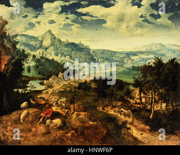 Henry met de Bles genannt il Civetta (1510-1550). Flämischer Maler. Landschaft mit Moses vor dem brennenden Dornbusch, ca.1531. Farnese-Sammlung. Nationales Museum von Capodimonte. Neapel. Italien. Stockfoto