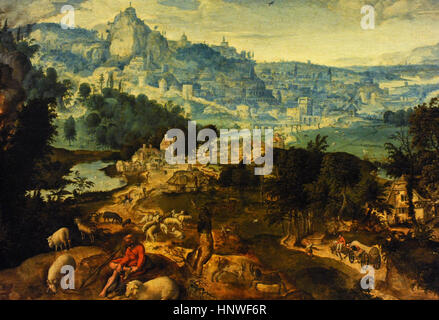 Henry met de Bles genannt il Civetta (1510-1550). Flämischer Maler. Landschaft mit Moses vor dem brennenden Dornbusch, ca.1531. Detail. Farnese-Sammlung. Nationales Museum von Capodimonte. Neapel. Italien. Stockfoto