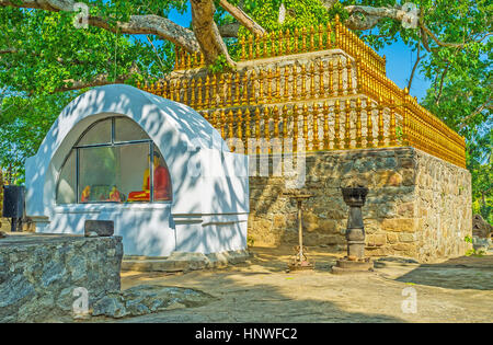 Die üppigen Bodhi-Baum (Heilige Bild) im Padeniya-Tempel, umgeben von der Steinmauer und goldenen Zaun, der Altar mit Buddha-Statue befindet sich vor th Stockfoto