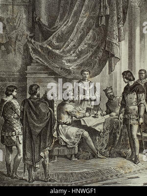 Vereinbarung von Oloron unterzeichnet am 27. Juli 1287 in Oloron-Sainte-Marie (Frankreich) zwischen dem König Alfonso III. von Aragon, genannt The Liberal (1265-1291) und Edward I von England (1239-1307).  "Historia de España". Engraving.19th Jahrhunderts. Stockfoto