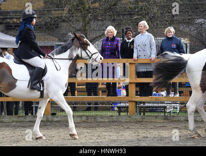 Die Herzogin von Cornwall, Präsident des Vereins Ebenholz Pferd besucht die Nächstenliebe Brixton Reitzentrum zum 21. Jubiläum des Vereins. Stockfoto