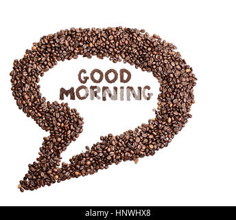 Isolierte Kaffeebohne dachte Blase mit Ausdruck guten Morgen auf weißem Hintergrund. Stockfoto